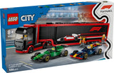 60445 F1 Transporter mit RB20 & AMR24 F1 Rennautos, Lego City, 1086 Teile, ab 8 Jahren