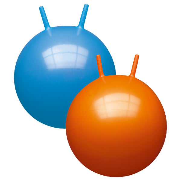 Hüpfball uni, ø 60 cm 2-fach ass. orange/blau, mit Griffhörnchen – Bimbo  Spielwaren